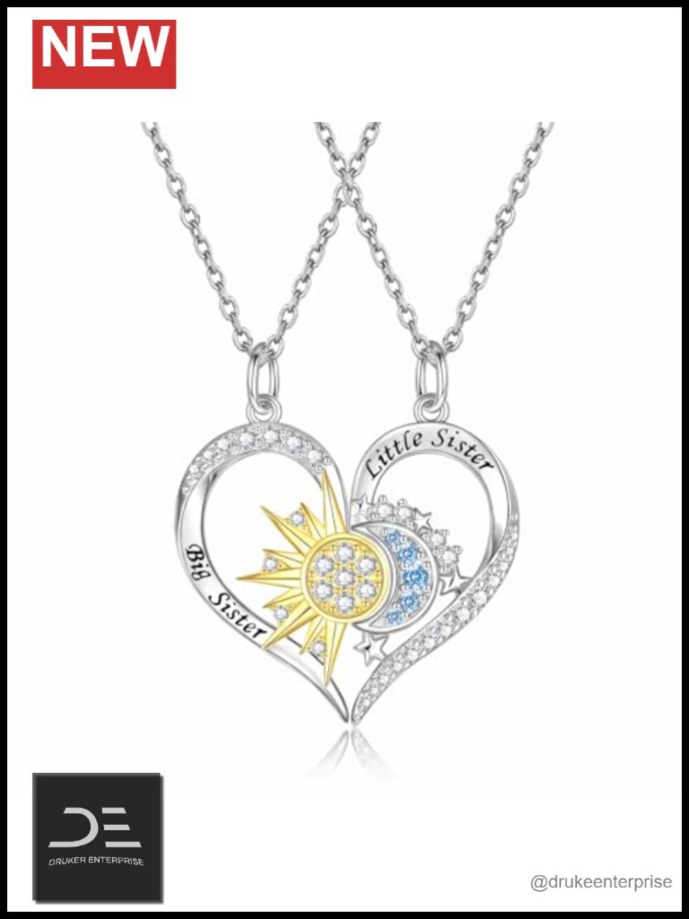 Sterling Silver Big Little Sister Necklace Sun Moon Matching Jewelry Gift